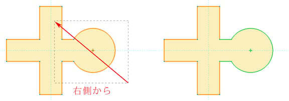 スケッチャー内で右側から四角を描くと領域にかかるジオメトリが選択