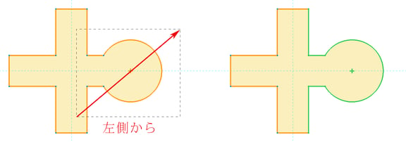 スケッチャー内で左側から四角を描くと領域に完全に含まれるジオメトリが選択